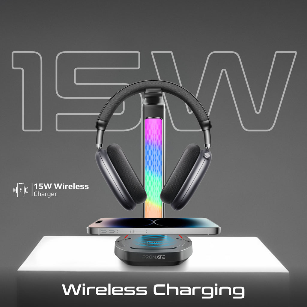 Multifunctional RGB Headset Stand with 15W Wireless Charger USB Hub