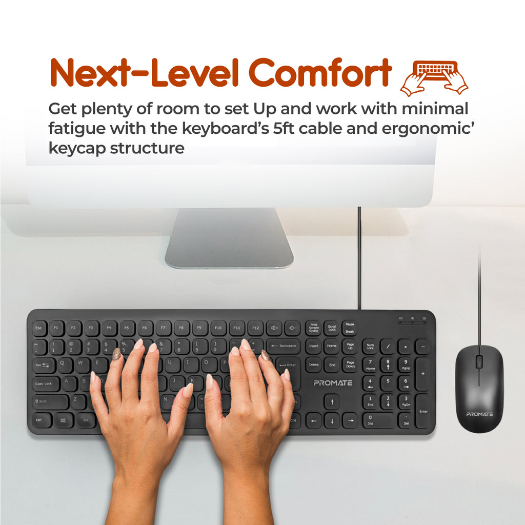 Promate Ergonomic Wired USB Full-Size Keyboard & Mouse Combo, Plug & Play,  Easy-to-Read Characters, Widely Compatible