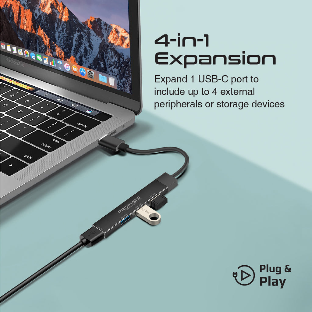 PROMATE 4-in-1 USB Multi-Port Hub with USB-C Connector.