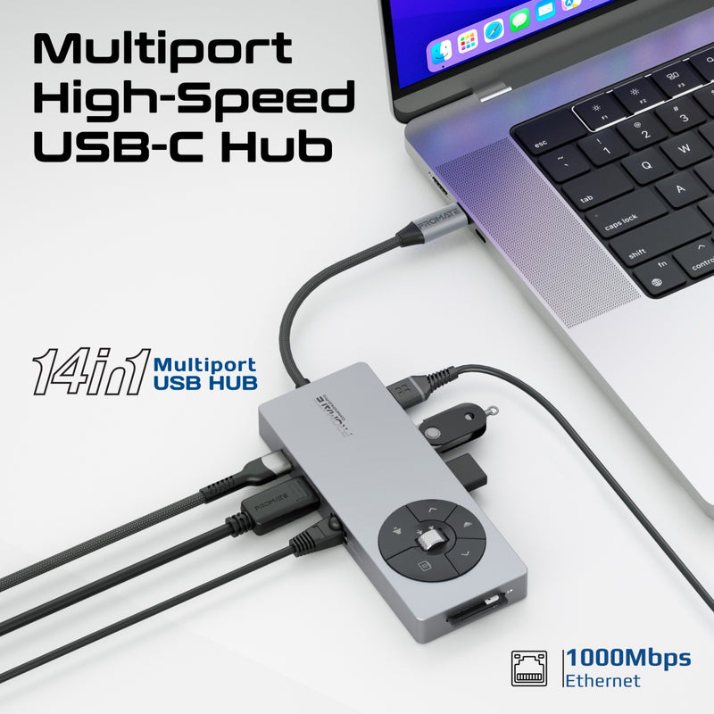 14-in-1 Highspeed Multiport USB-C Hub with 100W PD Passthrough & Multimedia Controls-