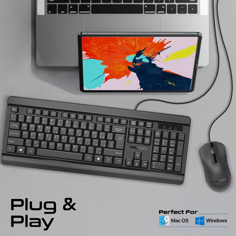 Quiet Keys Wired Keyboard and 1200 DPI Mouse – Promate Technologies