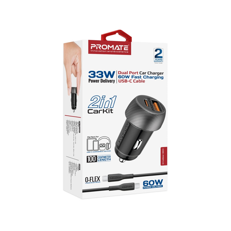 33W Power Delivery Dual Port Car Charger Combo with 60W Fast Charging USB-C cable