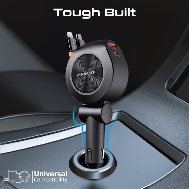 88W Multi-Port Car Charger with Dual Retractable USB-C Cables