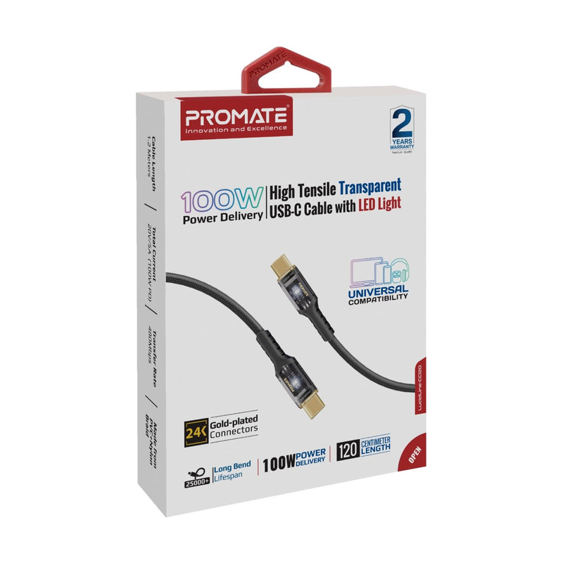 Cc120 Key High Tensile Transparent 100W Power Delivery USB-C Cable with LED Ligh ...
