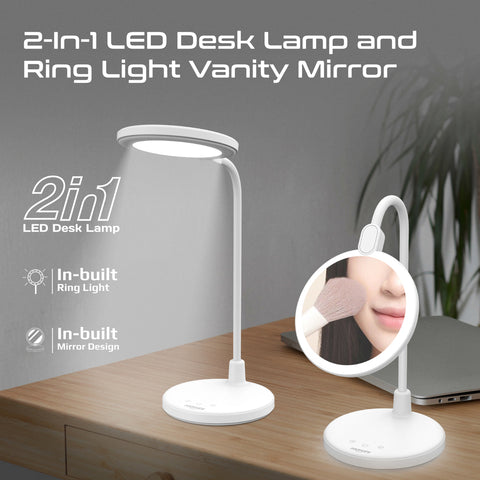 Flexible Gooseneck LED Desk Lamp with Ring Light Vanity Mirror and touch controls