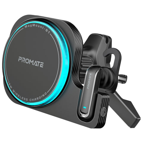 2-in-1 MagSafe Compatible 15W Wireless Car Charger with Built-in Wireless Mono ENC Earphone