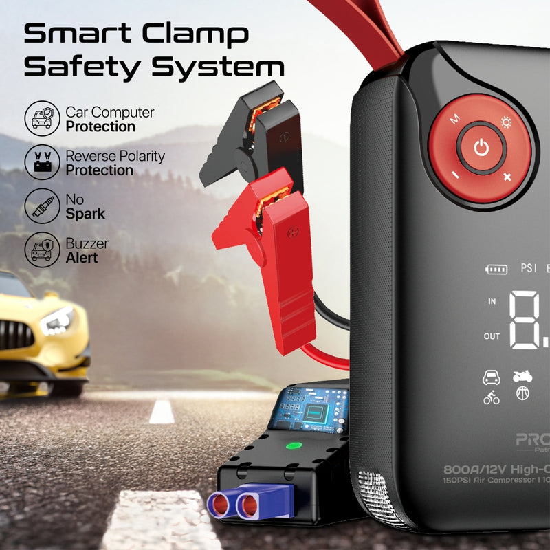 800A/12V High-Capacity Jump Starter 150PSI Air Compressor with 10000mAh Power Bank & Flashlight