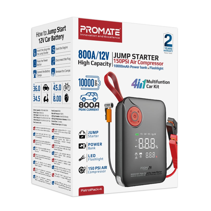 800A/12V High-Capacity Jump Starter 150PSI Air Compressor with 10000mAh Power Bank & Flashlight