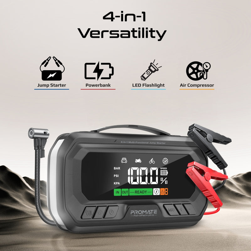 3000A/12V High-Capacity Jump Starter 150PSI Air Compressor with 16000mAh Power bank & Flashlight