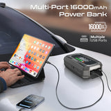 3000A/12V High-Capacity Jump Starter 150PSI Air Compressor with 16000mAh Power bank & Flashlight