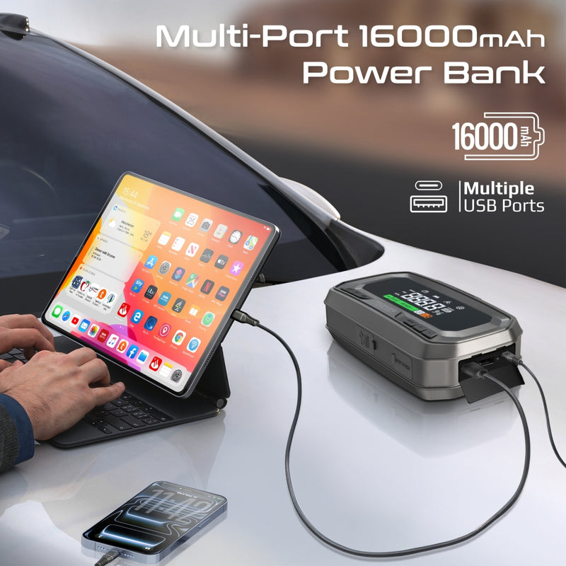3000A/12V High-Capacity Jump Starter 150PSI Air Compressor with 16000mAh Power bank & Flashlight
