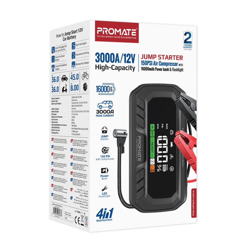 3000A/12V High-Capacity Jump Starter 150PSI Air Compressor with 16000mAh Power bank & Flashlight