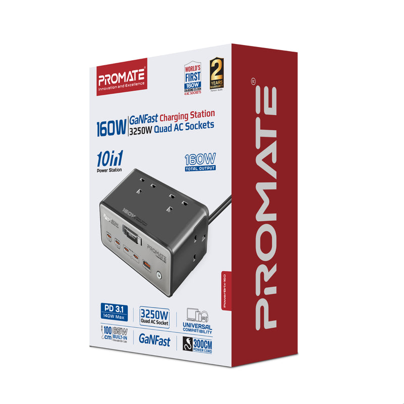 160W GaNFast™ PD 3.1 Charging Station with 3250W Quad AC Sockets
