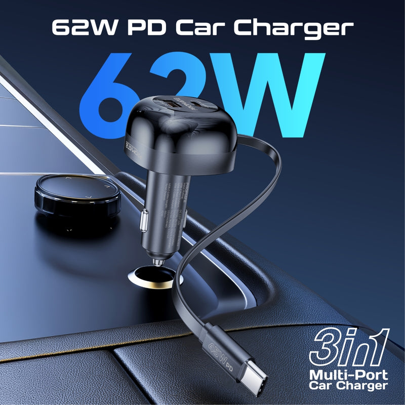 62W Multi-Port Car Charger with Retractable USB-C Cable