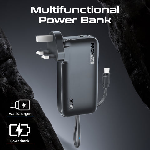 Ultra-compact-Fast Charging Power Bank with AC Charger & Built-In USB-C Cable