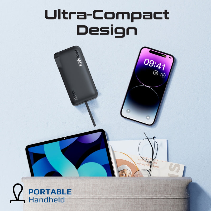 Ultra-compact-Fast Charging Power Bank with AC Charger & Built-In USB-C Cable