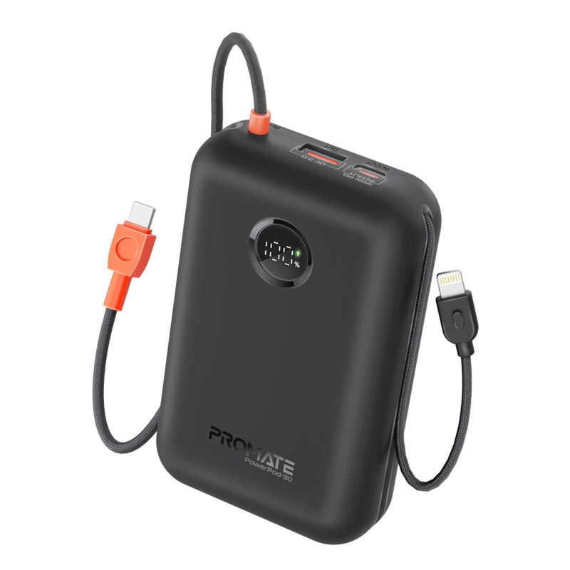 30000mAh Compact Power Bank with Built-In USB-C & Lightning Cable Promate Technologies 30000mAh Compact Power Bank with Built-In USB-C & Lightning Cable Promate Technologies