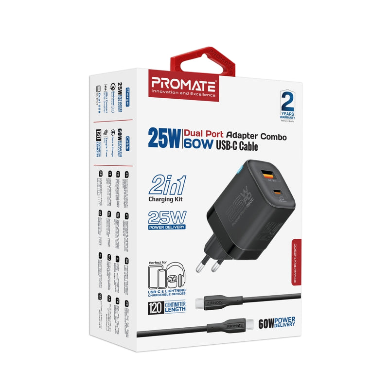 25W Dual Port Adapter Combo with 60W Fast Charging USB-C Cable