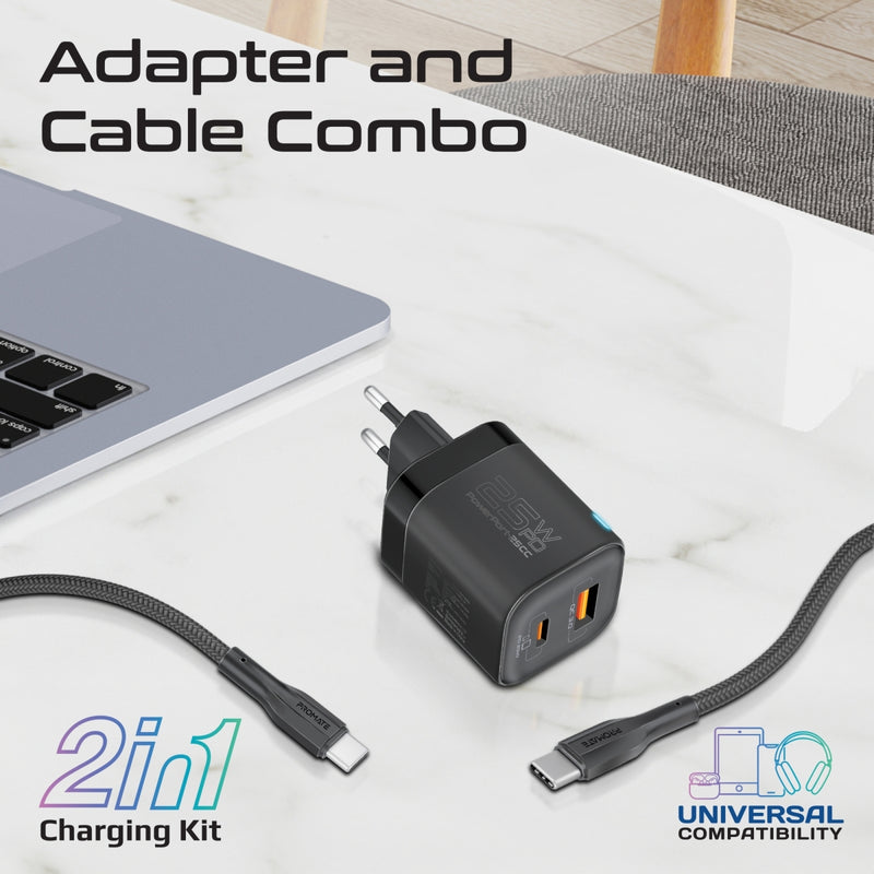 25W Dual Port Adapter Combo with 60W Fast Charging USB-C Cable