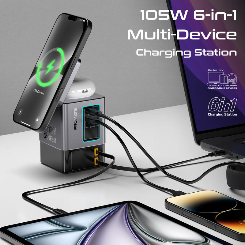 105W GaNFast™ Multi-Port Wireless Charging Station with Dual Retractable Cables