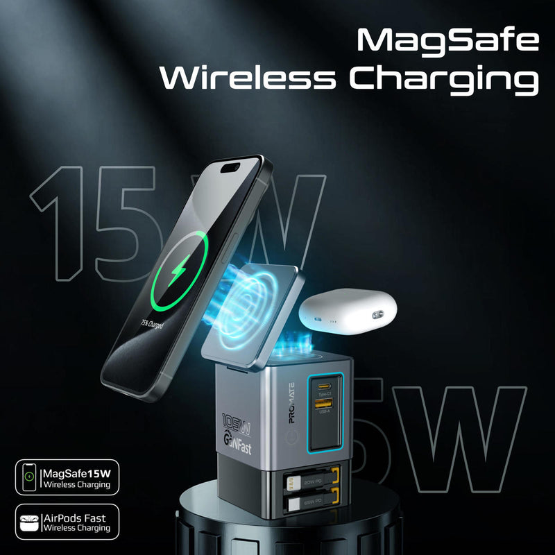 105W GaNFast™ Multi-Port Wireless Charging Station with Dual Retractable Cables