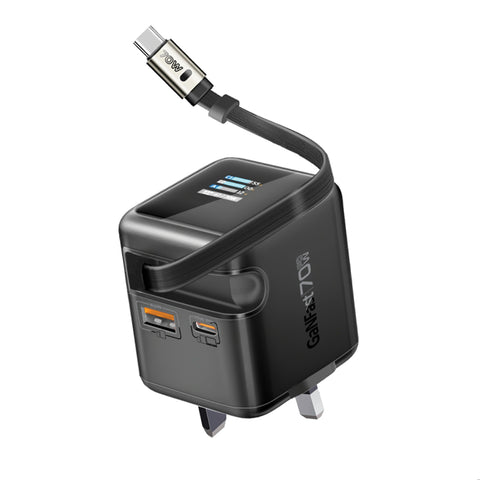 70W GaNFast™ Wall Charger w/ Retractable USB-C Cable