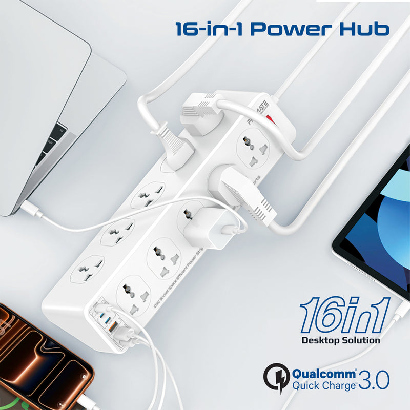 10AC Socket Space Efficient Power Strip with Multiple Fast Charging USB Ports