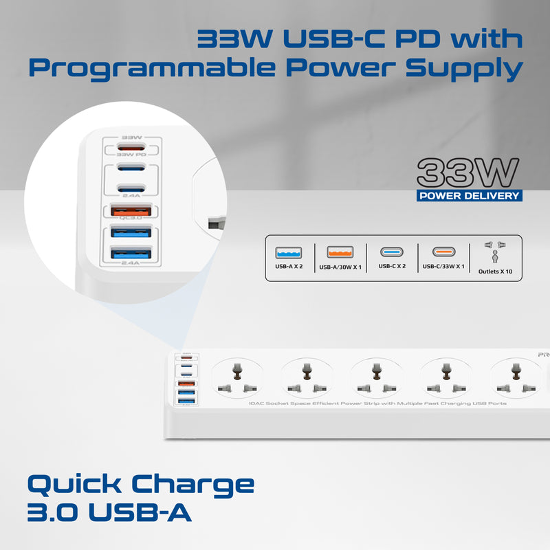 10AC Socket Space Efficient Power Strip with Multiple Fast Charging USB Ports