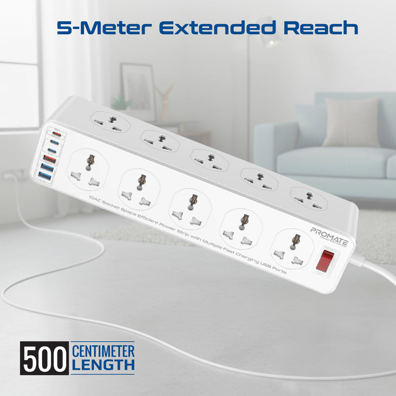 10AC Socket Space Efficient Power Strip with Multiple Fast Charging USB Ports