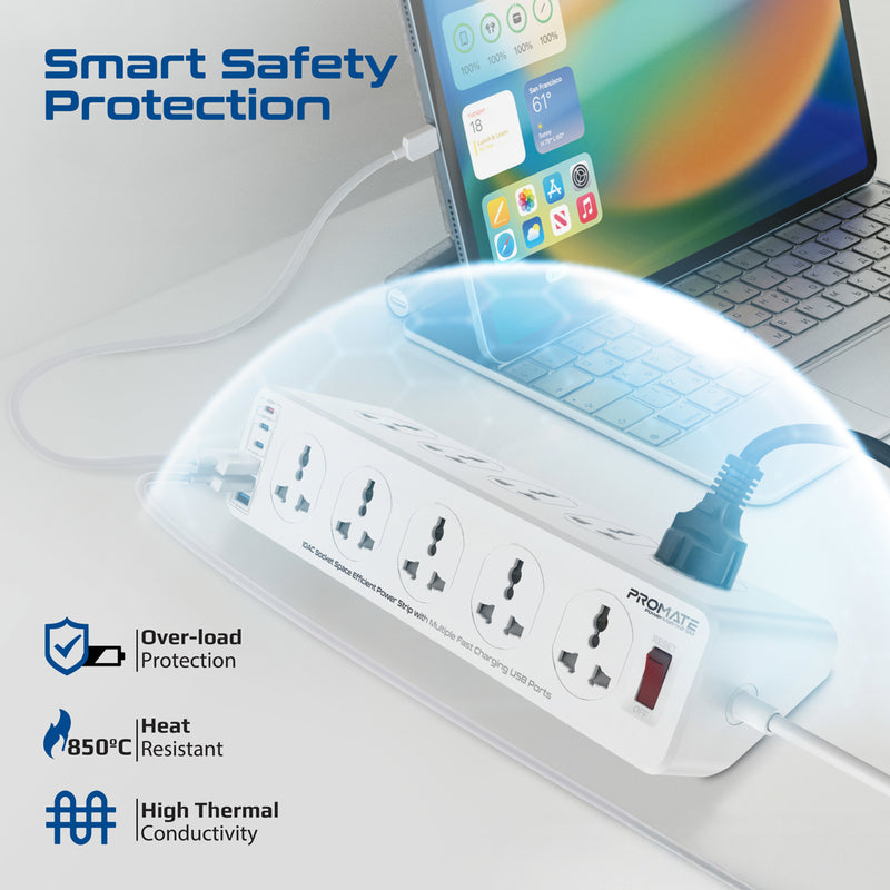 10AC Socket Space Efficient Power Strip with Multiple Fast Charging USB Ports