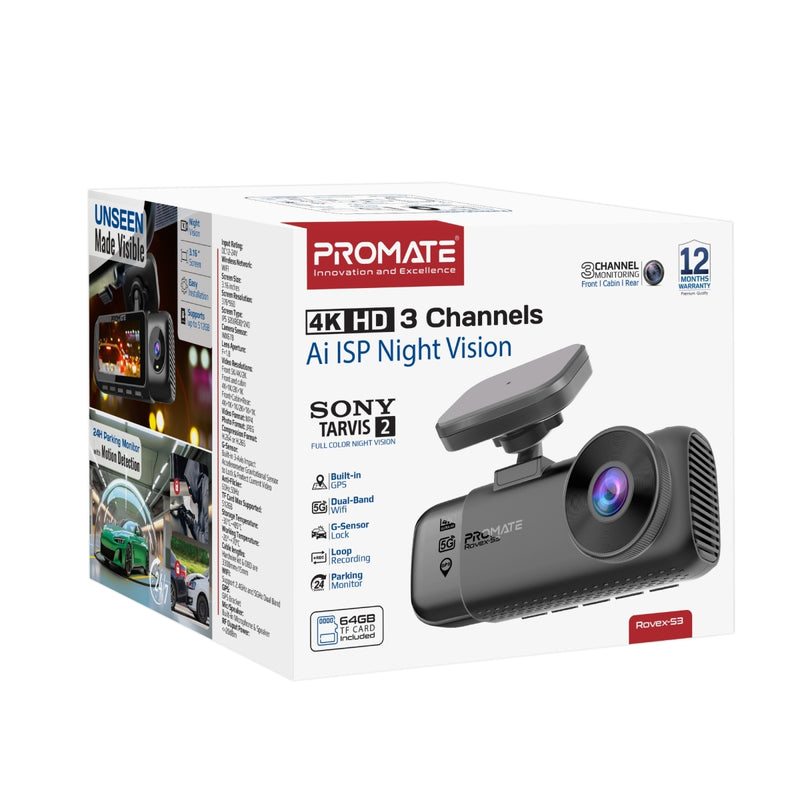 4K Ultra HD Dash-Cam with front, cabin, rear view, AI ISP Night Vision and Parking Monitor