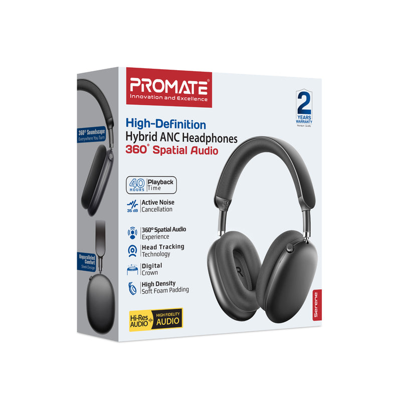 High Definition Hybrid ANC Headphones With 360 Spatial Audio Promate High definition hybrid anc headphones with 360 spatial audio promate