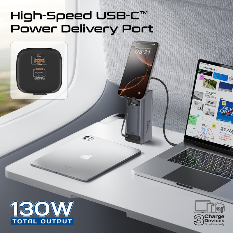 Ultra Compact 130W Multi-Port Power Bank with Retractable USB-C Cable & TFT LCD Screen