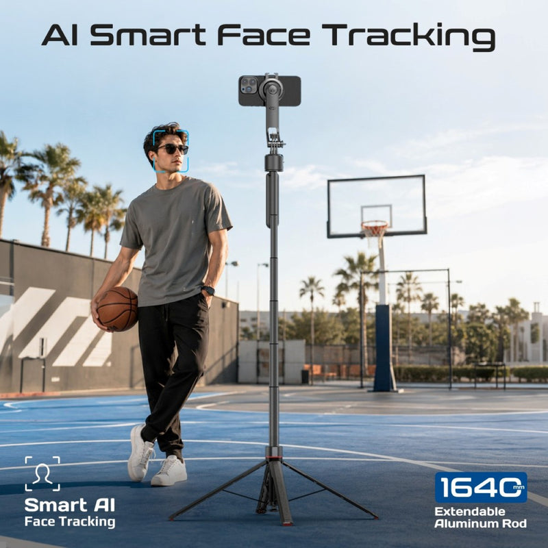 AI-Powered 360° Smart Face Tracking Telescopic Selfie Stick with Auto Pop-Up Stable Tripod Base, Flexible Angle Adjustment & Panoramic Rotation