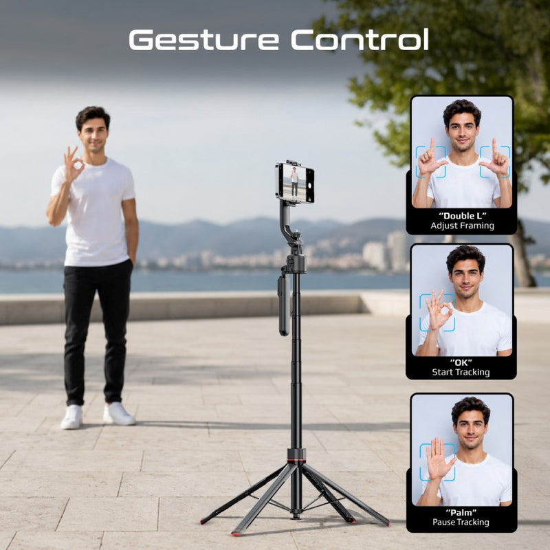AI-Powered 360° Smart Face Tracking Telescopic Selfie Stick with Auto Pop-Up Stable Tripod Base, Flexible Angle Adjustment & Panoramic Rotation