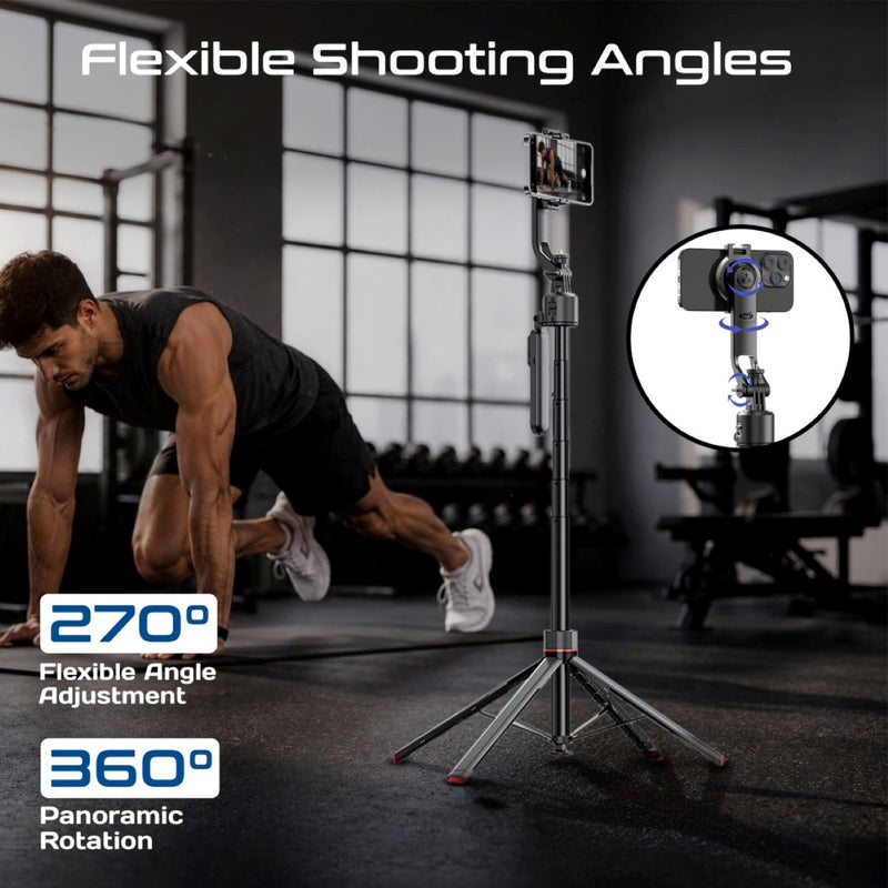 AI-Powered 360° Smart Face Tracking Telescopic Selfie Stick with Auto Pop-Up Stable Tripod Base, Flexible Angle Adjustment & Panoramic Rotation
