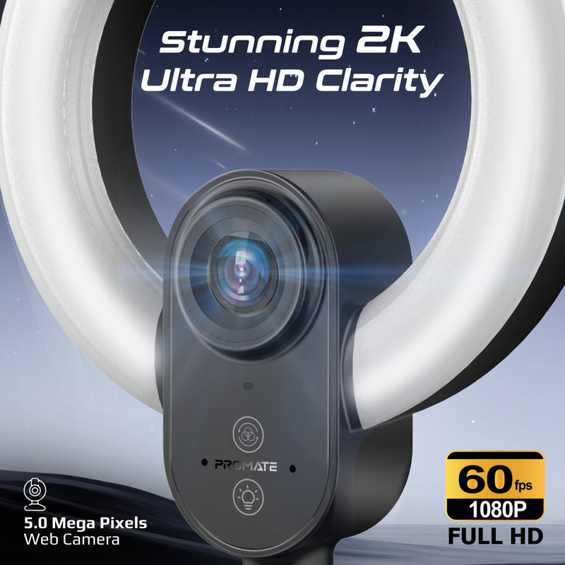 2K Ultra-HD Webcam with Built-in Mic & Ring Light and detachable Tripod