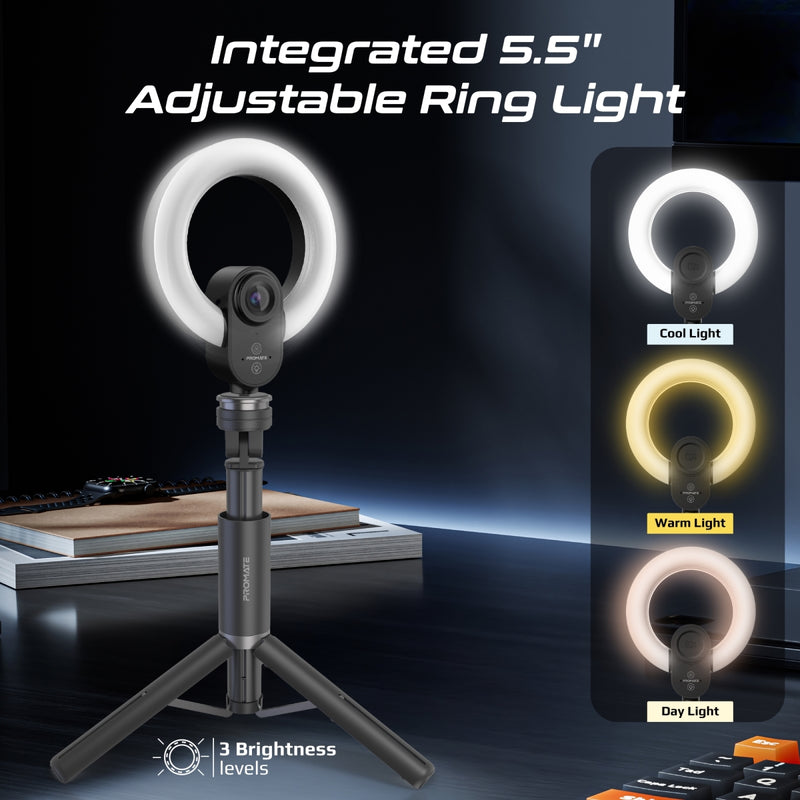 2K Ultra-HD Webcam with Built-in Mic & Ring Light and detachable Tripod