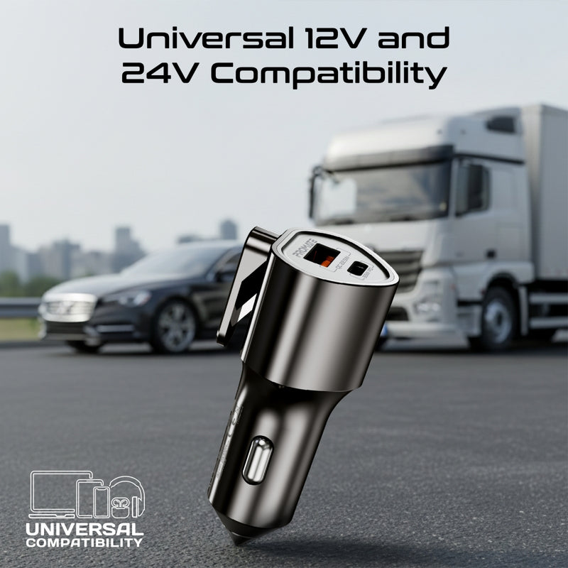 Multi-Function Power Delivery Car Charger with Safety Hammer & Seatbelt Cutter