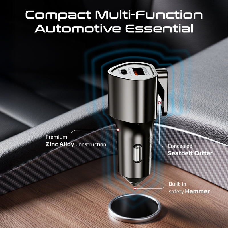 Multi-Function Power Delivery Car Charger with Safety Hammer & Seatbelt Cutter