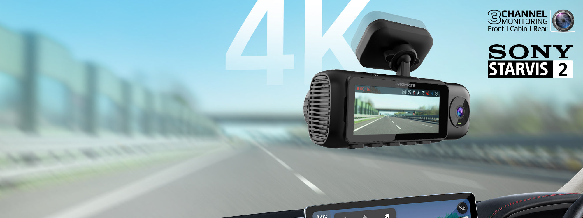4K Ultra HD Dash-Cam with front, cabin, rear view, AI ISP Night Vision and Parking Monitor