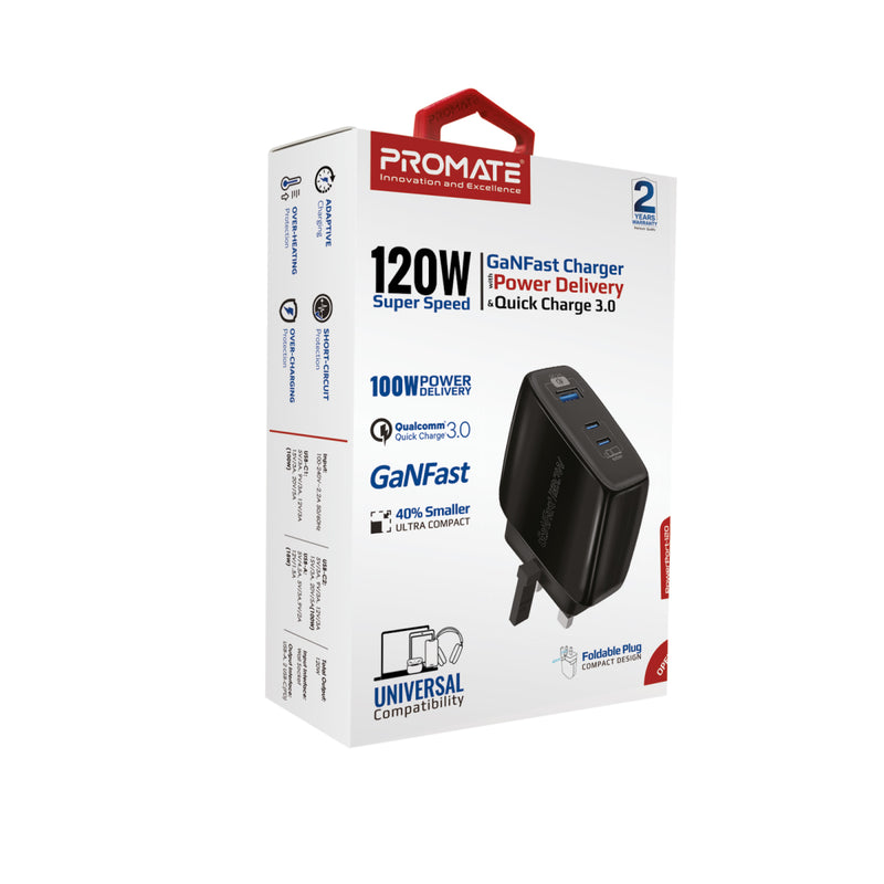 Promate 120 Box 120W Super-speed GaNFast™ Charger with Power Delivery & Quick Charge 3 ...