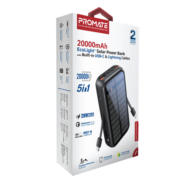 20000mAh EcoLight™ Solar Power Bank with Built-in USB-C Lightning Cables