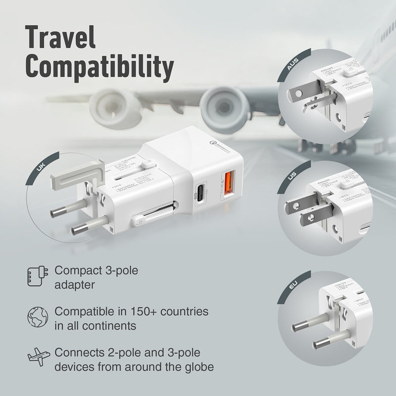 Triplug Sleek Universal Travel Adapter with 20W Power Delivery & Quick Charge ...